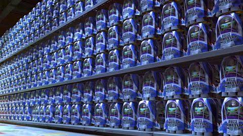 A screenshot from the movie Toy Story 2 featuring an aisle in a toy store full of the same Buzz Lightyear toy.